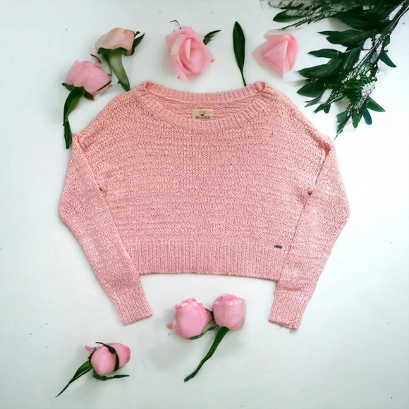 HOLLISTER Pastel Pink Wide Fit Cropped Knit Scoop Neck Sweater Size XS - Picture 1 of 11